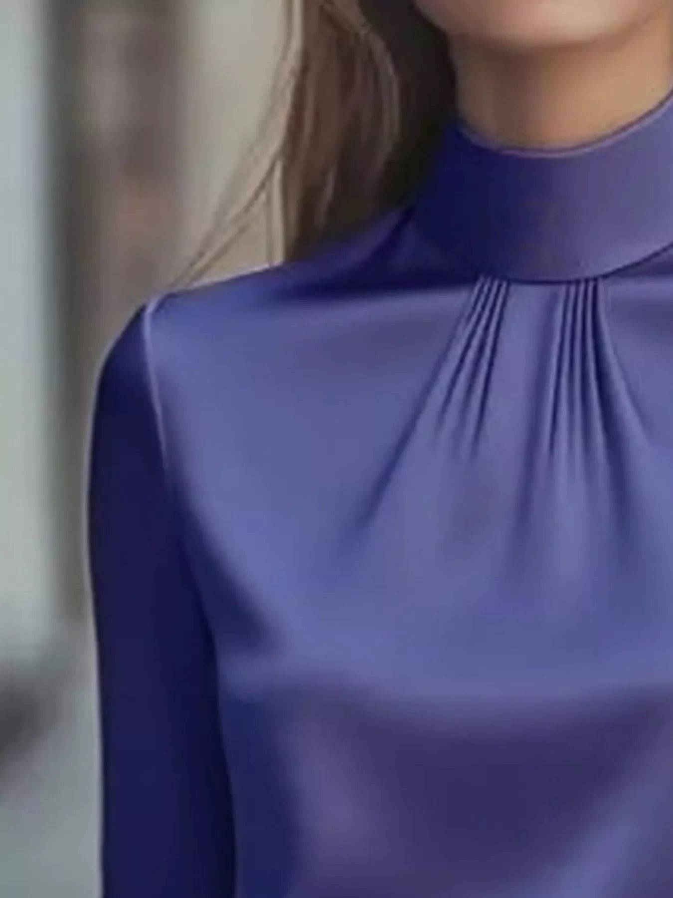 Mock Neck Long Sleeve Blouse with Pleated Detail 