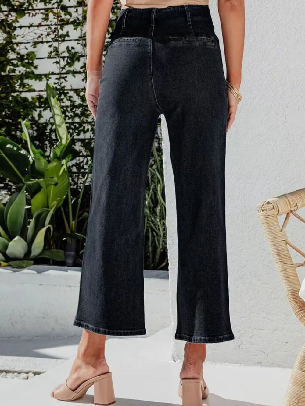 Button Fly Cropped Jeans with Pockets 