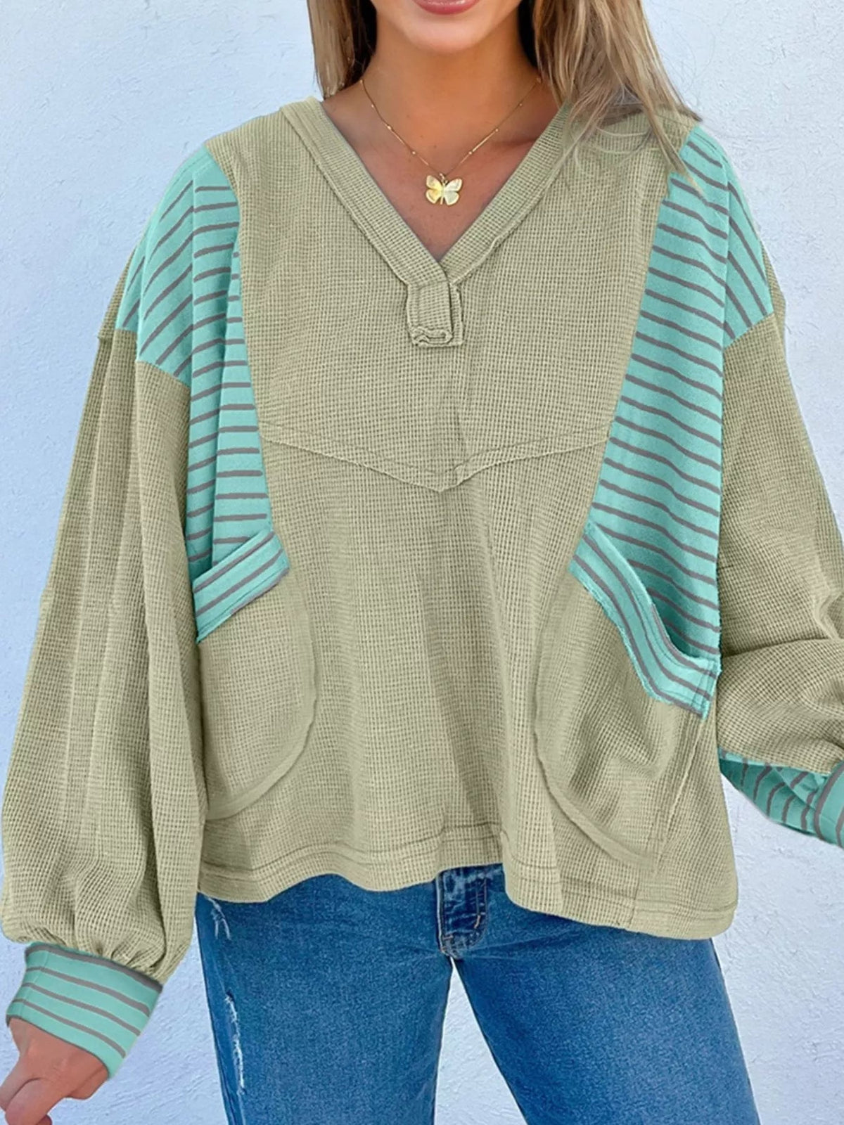 Exposed Seam Waffle Striped Patchwork Baggy Blouse 
