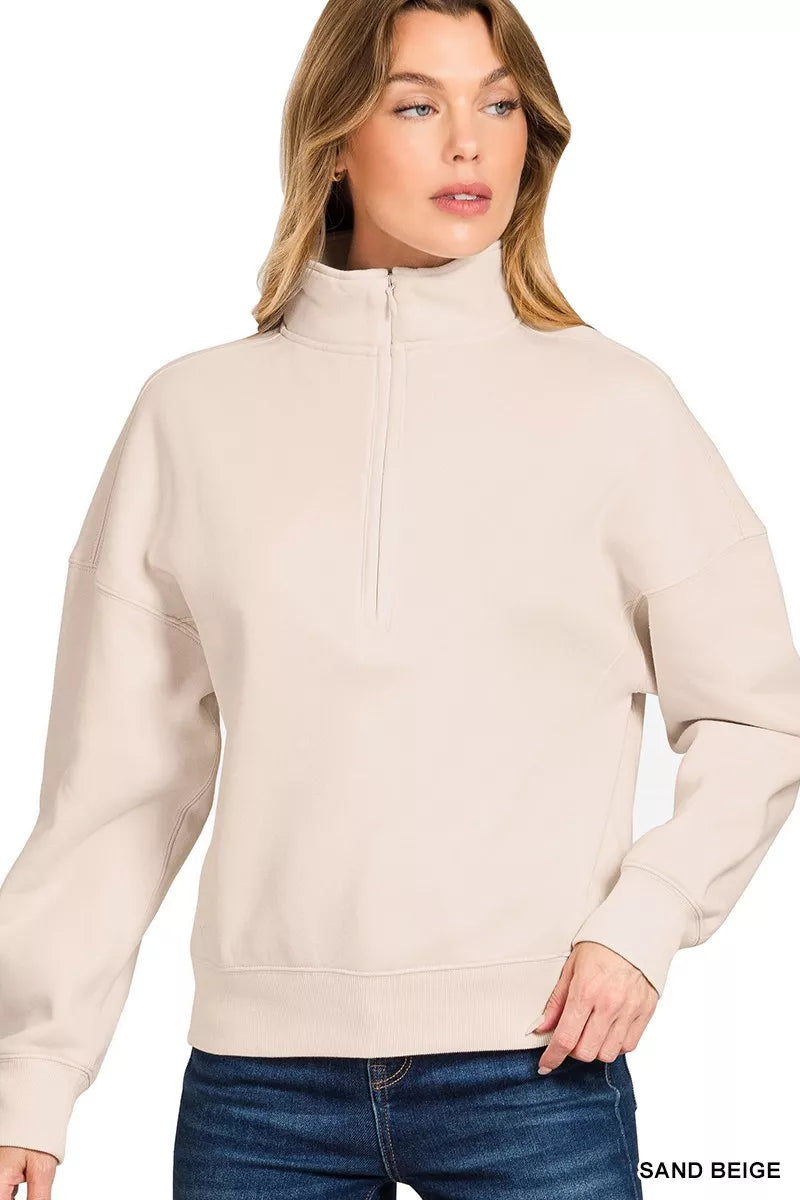 Zenana Fleece High Neck Half Zip Sweatshirt 