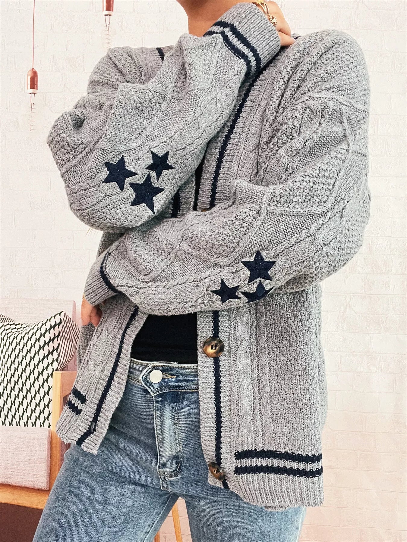 Star Pattern Button-Up Cardigan with Contrast Trim 