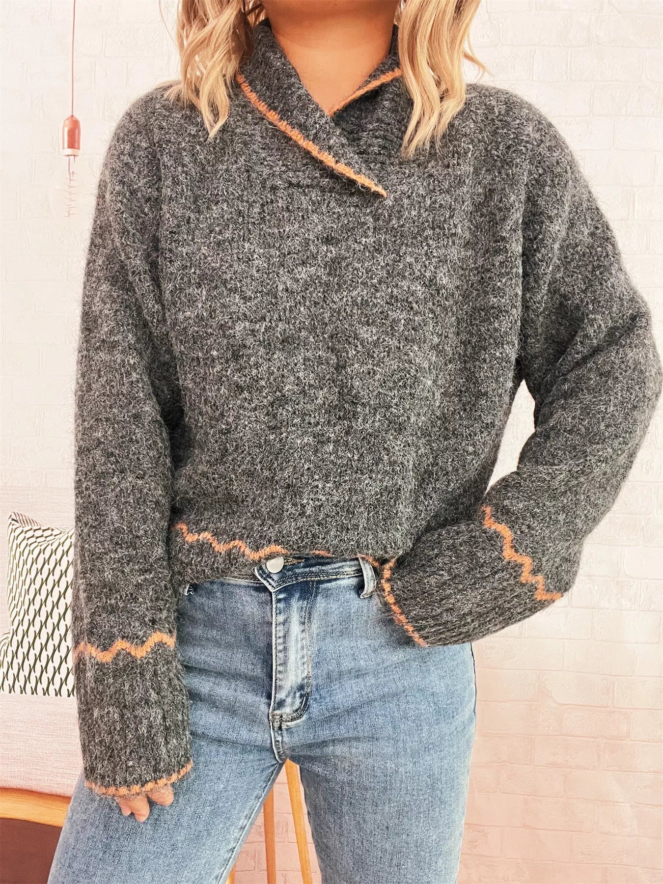 Ribbed Contrast Trim Long Sleeve Sweater 
