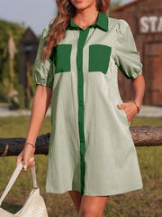 Stripe Color Block Patchwork Shirt Collar Button Down Puff Sleeve Mini Dress 