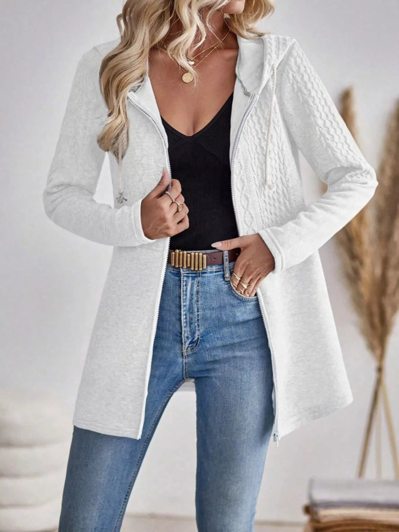 Drawstring Textured Zip Up Drawstring Hooded Jacket 