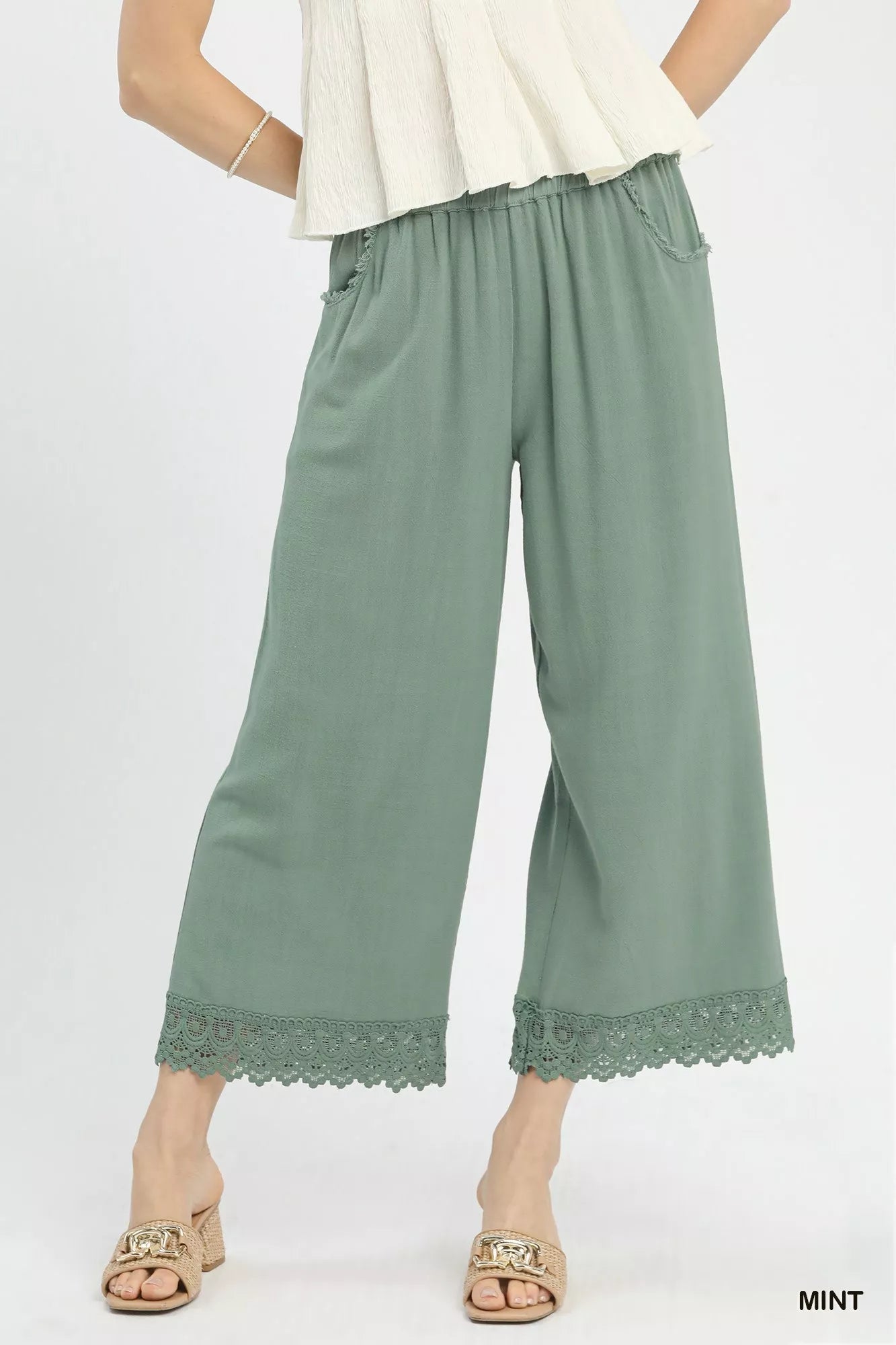 Umgee Linen Wide Leg Cropped Pants with Lace Trim 