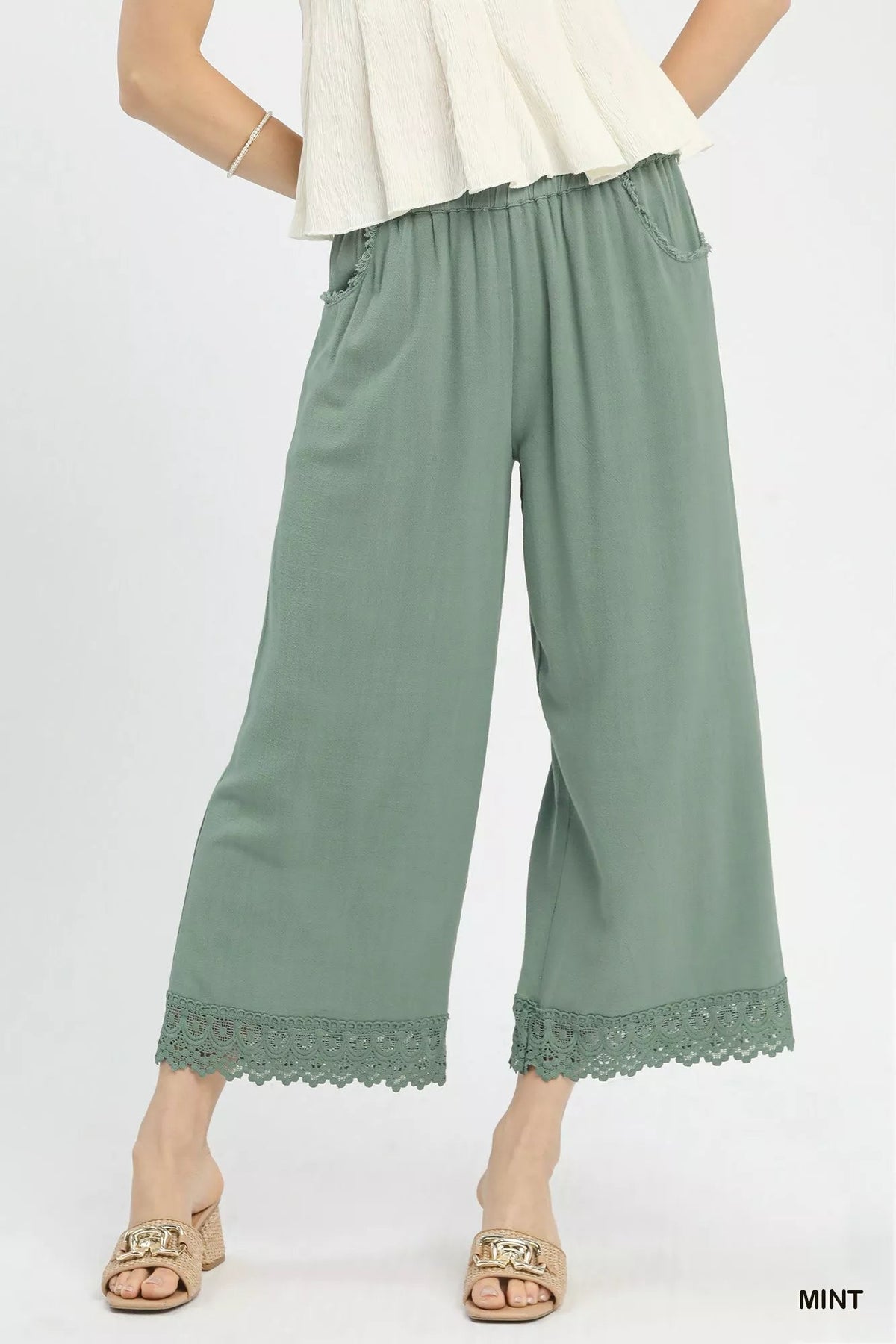 Umgee Linen Wide Leg Cropped Pants with Lace Trim 