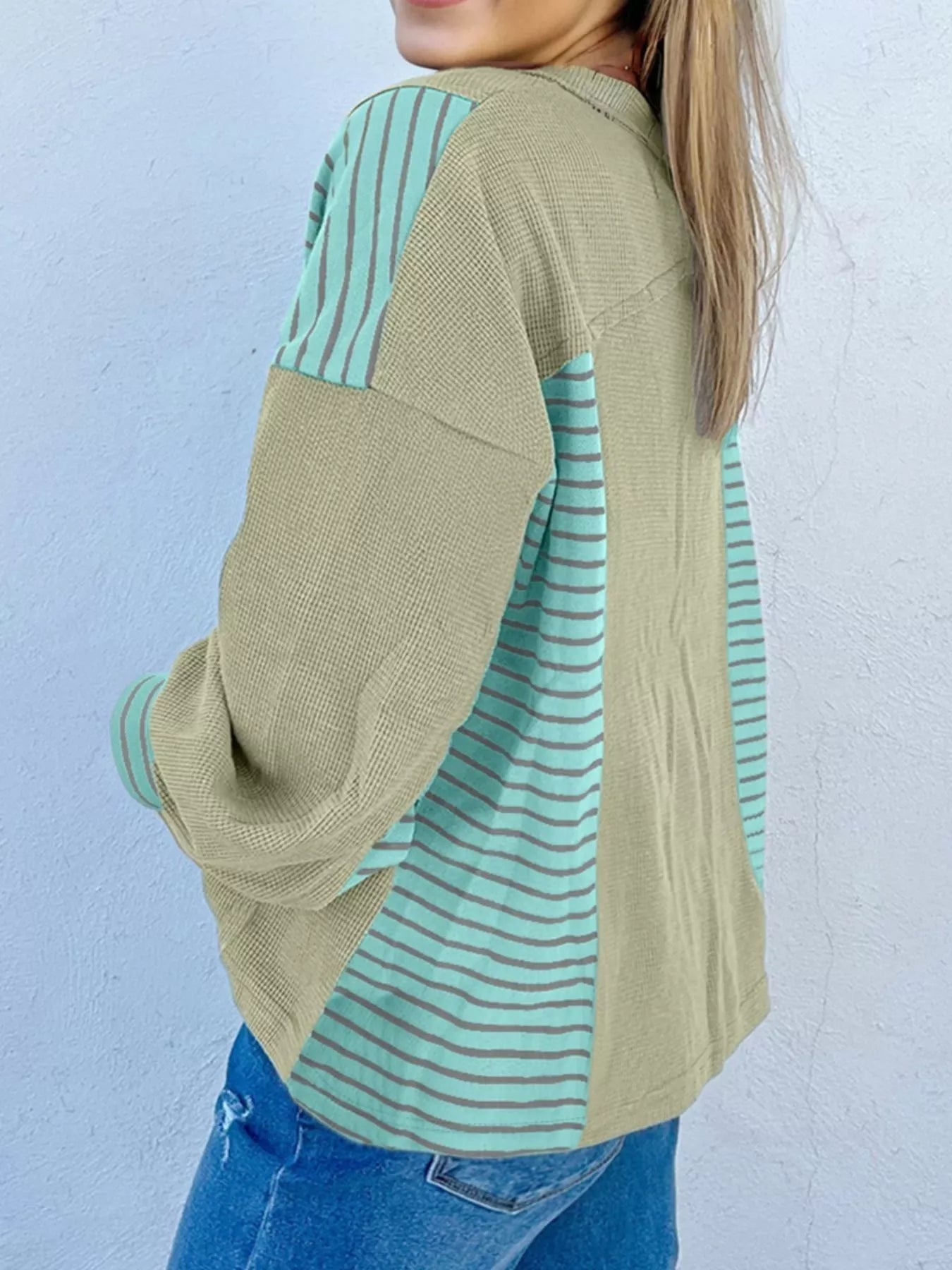 Exposed Seam Waffle Striped Patchwork Baggy Blouse 