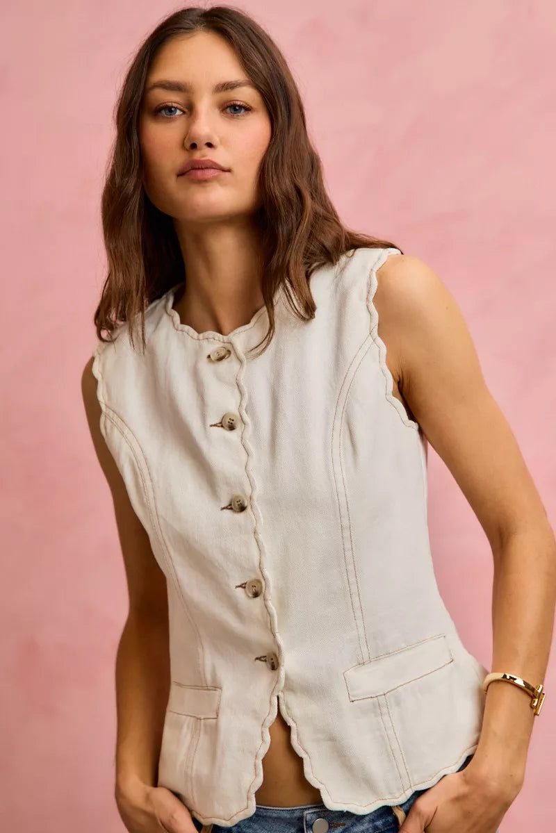 SO ME Scalloped Edge Cotton Twill Washed Vest Top 