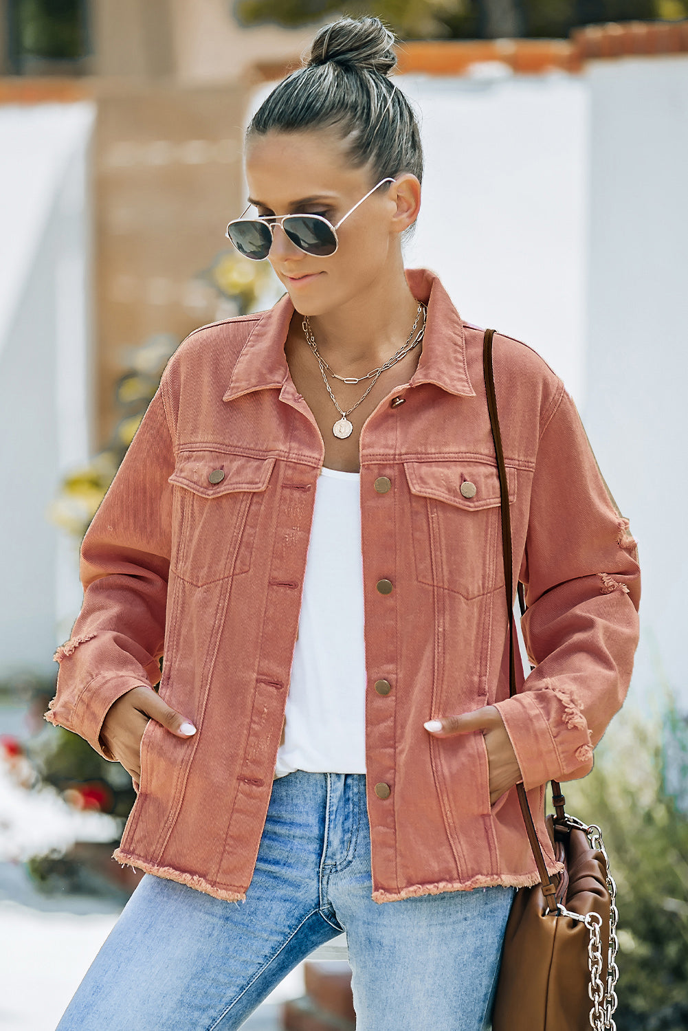 Distressed Raw Hem Denim Jacket 