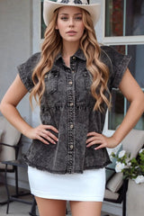 Short Sleeve Flap Pocket Button Up Raw Hem Denim Shirt 