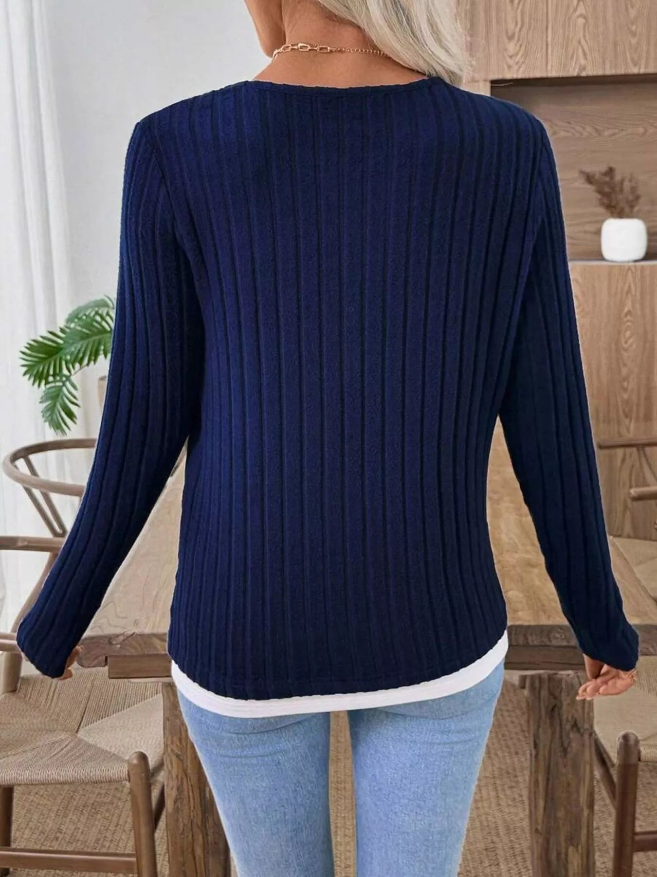 Ribbed Knit Button Detail Contrast Sweater 