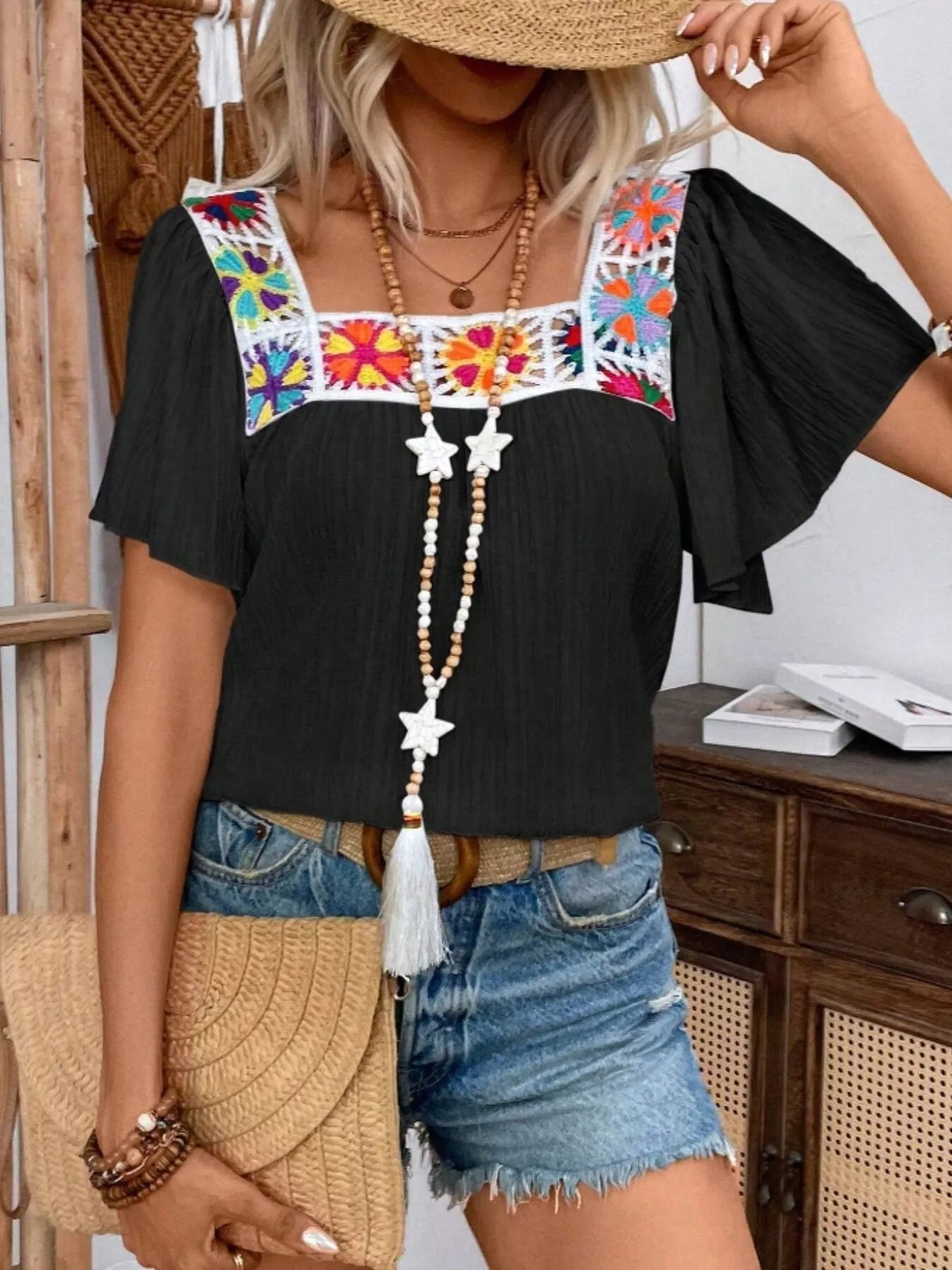 Embroidered Square Neck Flutter Sleeve Blouse 
