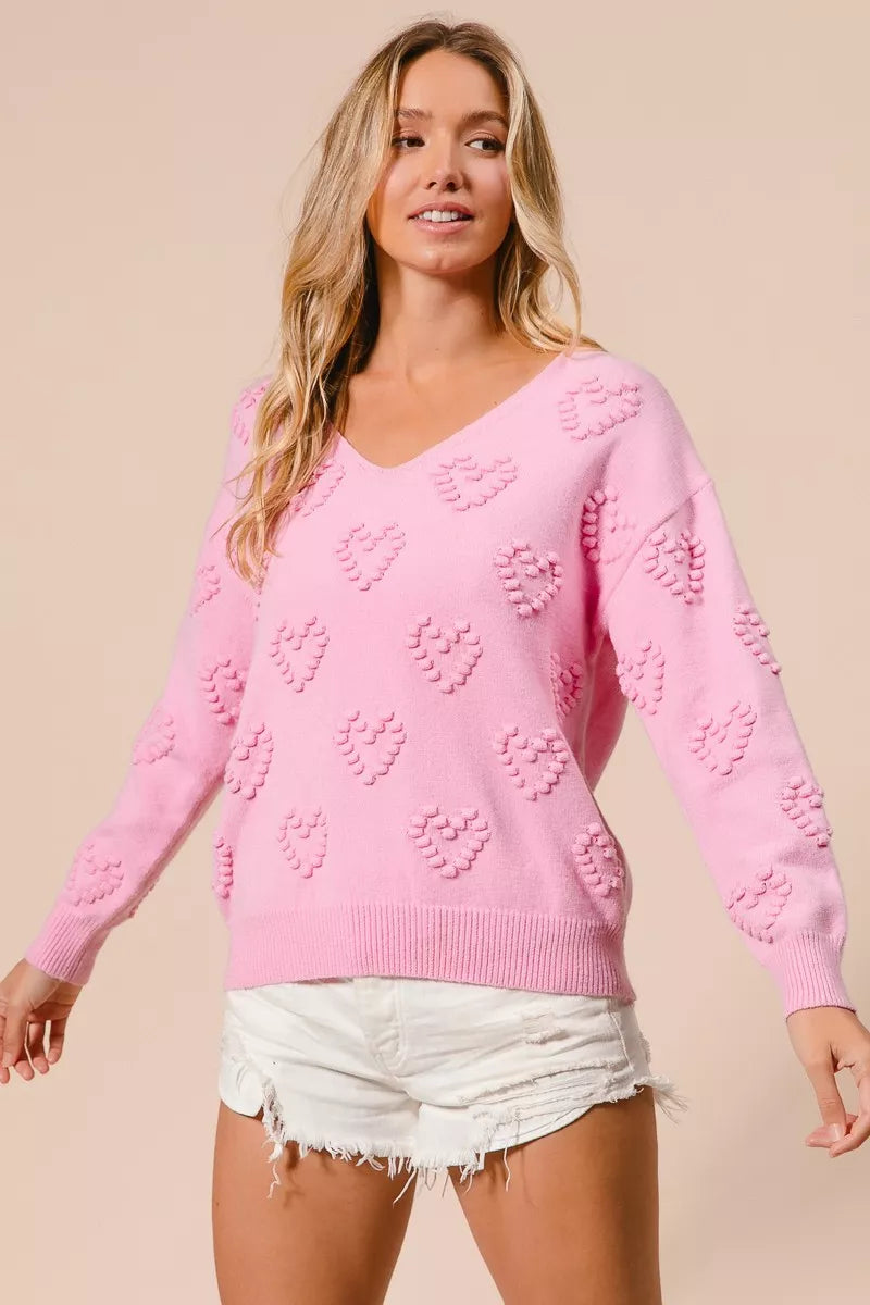 BiBi Valentines Heart Pompom V Neck Knit Top 