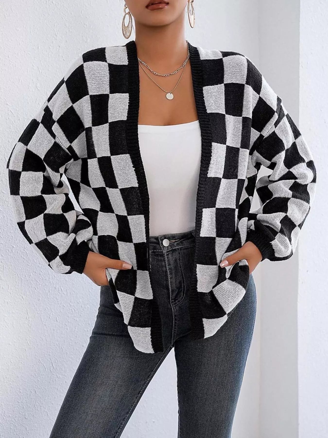 Checkerboard Pattern Open Front Knit Cardigan 