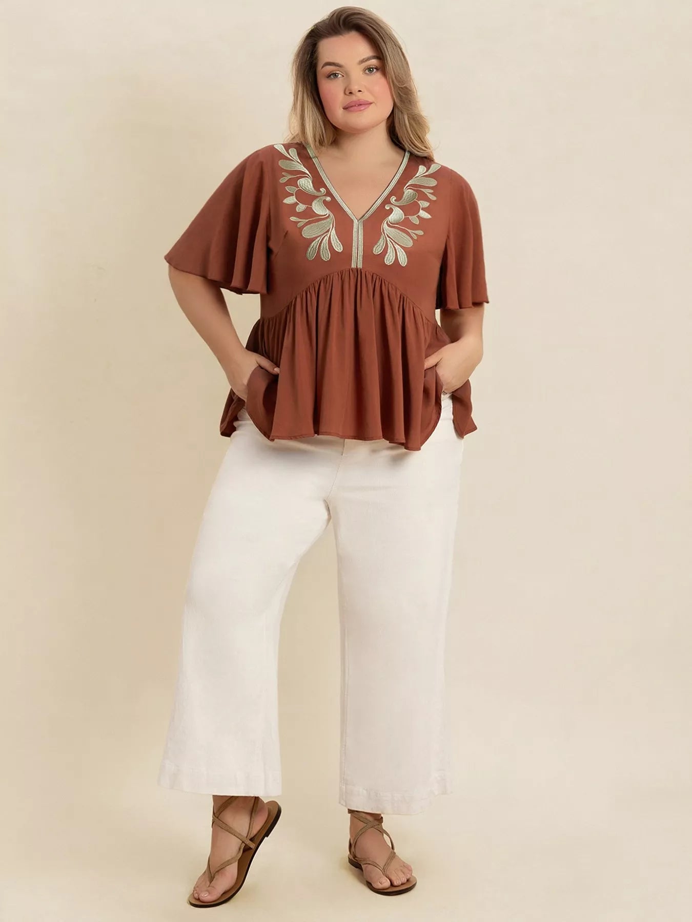 Plus Size Embroidered V-Neck Flutter Sleeve Blouse 
