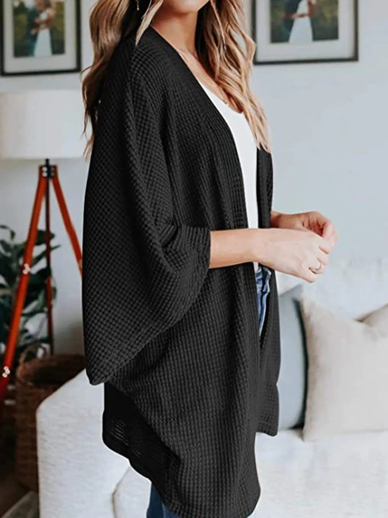 Full Size Open Front Waffle Knit Cardigan Plus Size 