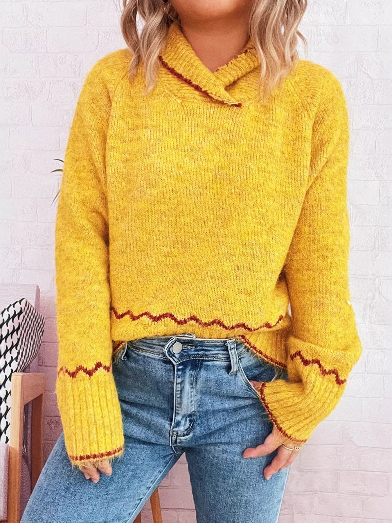 Ribbed Contrast Trim Long Sleeve Sweater 