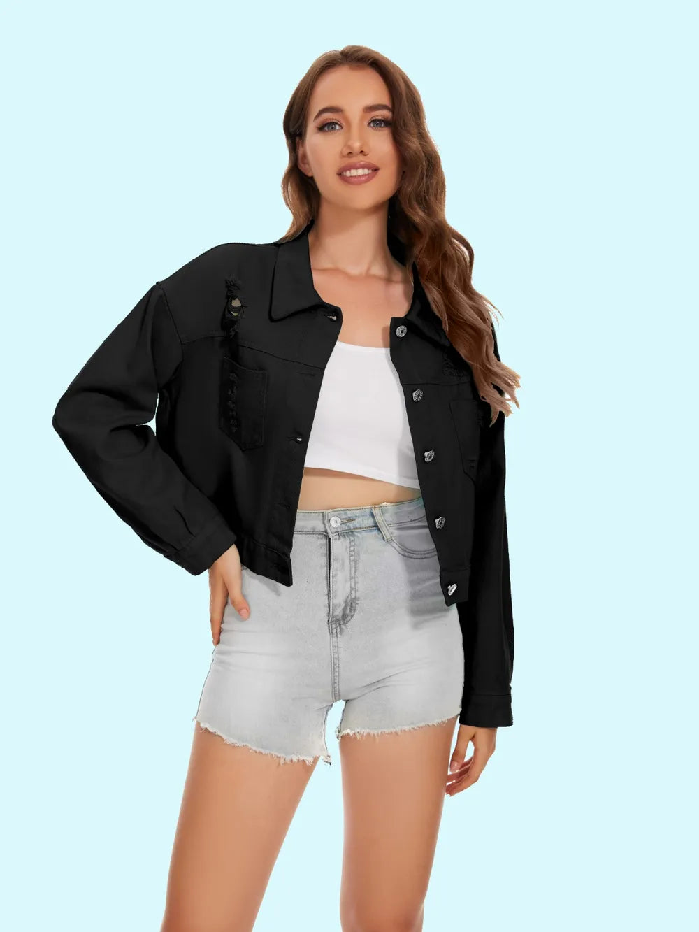 Distressed Distressed Button Up Denim Jacket 