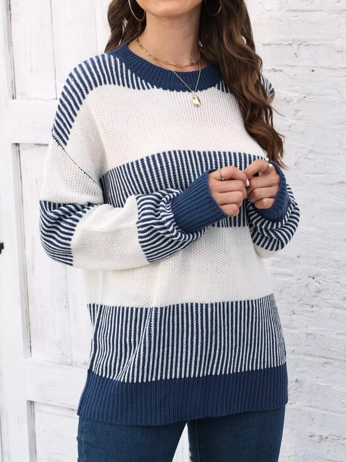 Full Size Color Block Dropped Shoulder Sweater Plus Size 