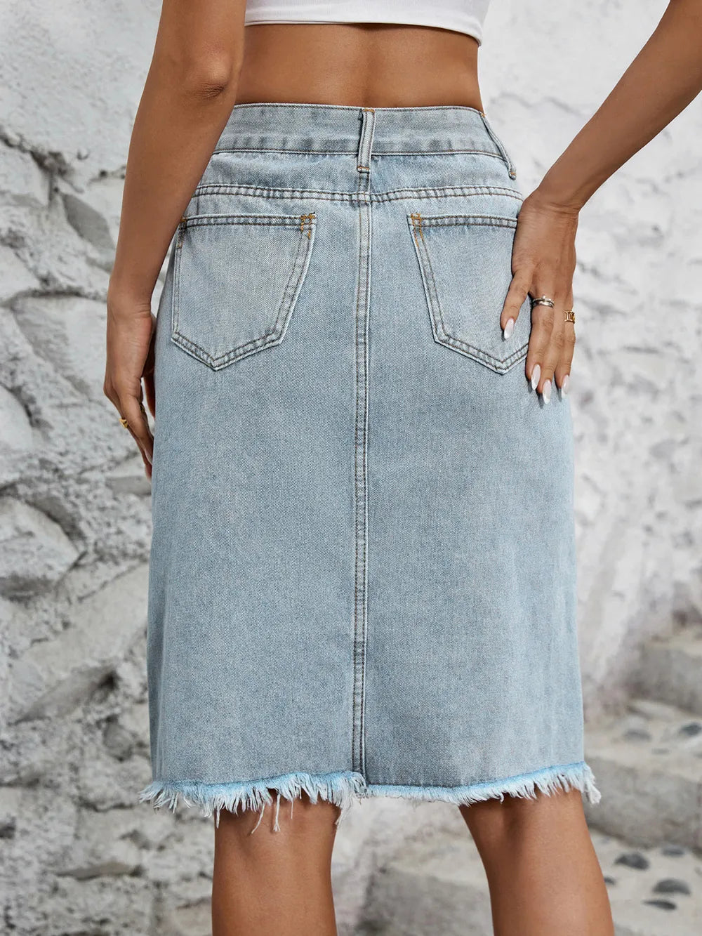Raw Hem Slit Denim Skirt 