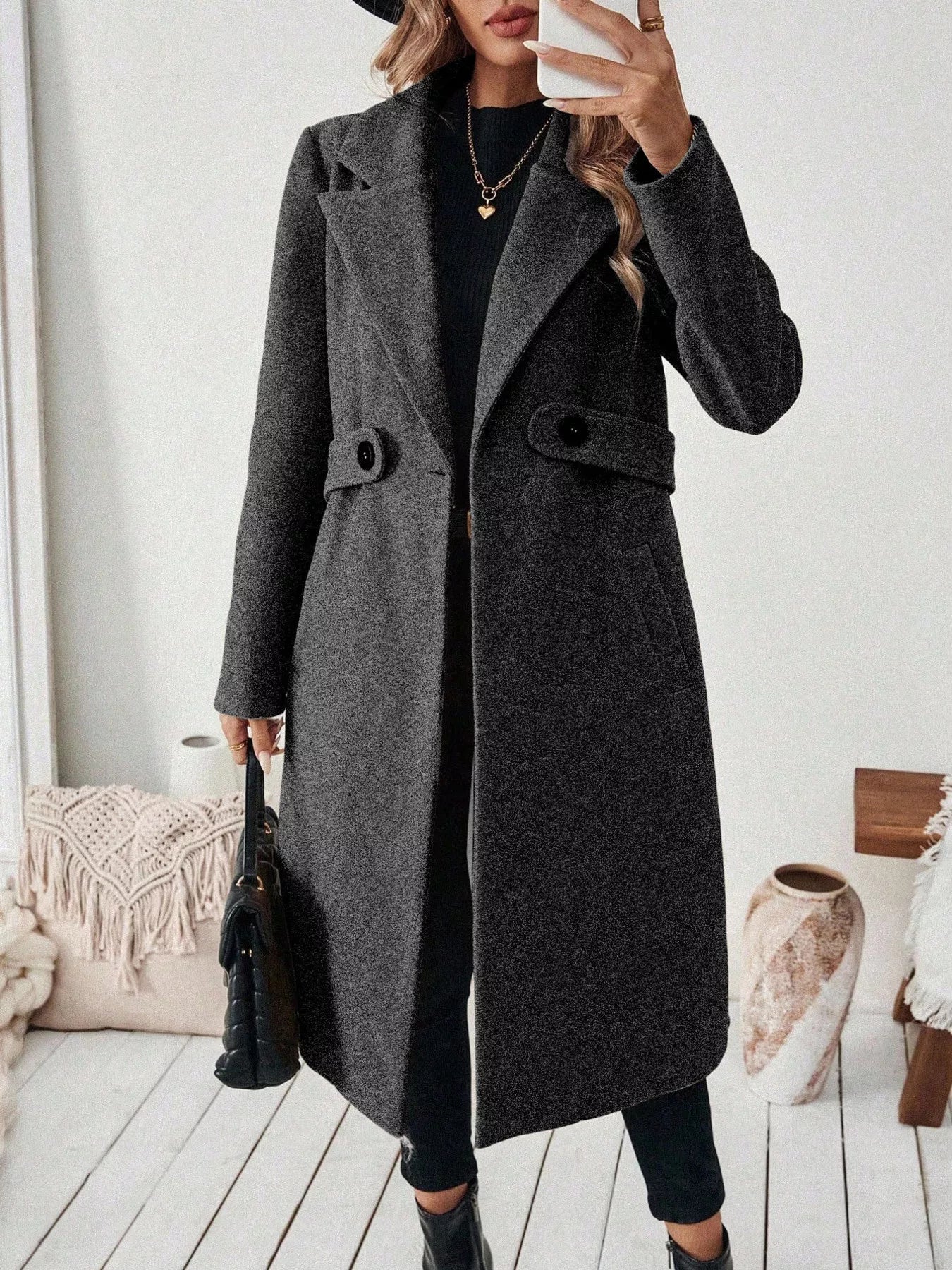 One Button Wool Blend Overcoat 