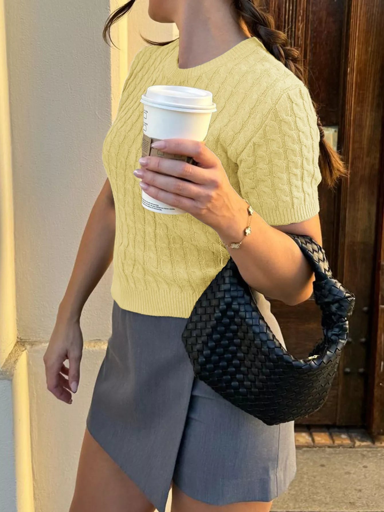 Cable-Knit Short Sleeve Sweater 