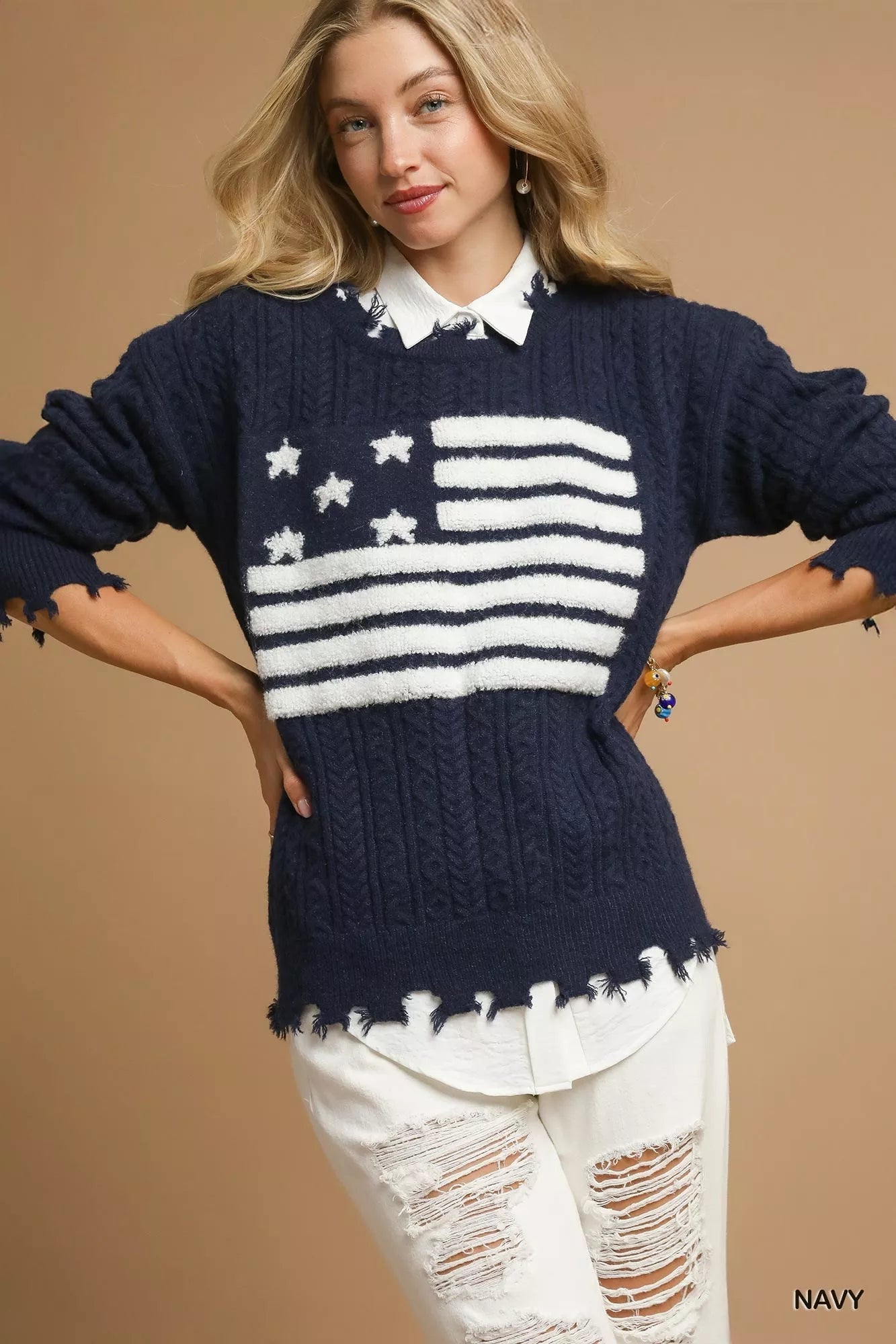 Umgee Distressed American Flag Sweater 