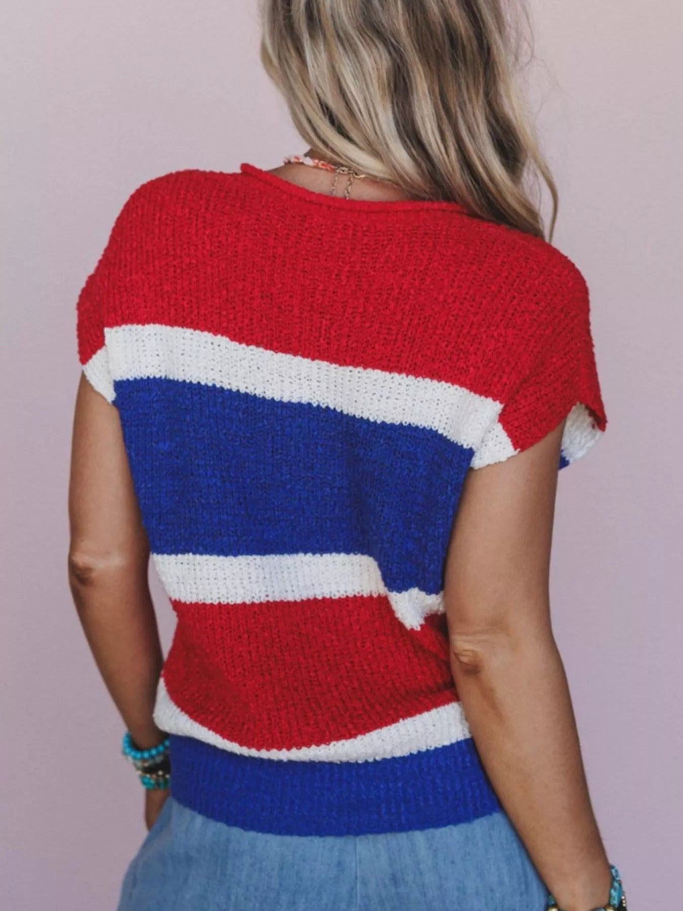 Striped Notched Short Sleeve Sweater 