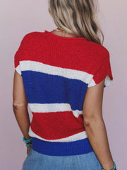 Striped Notched Short Sleeve Sweater 