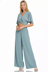 Zenana Woven Airflow Twisted Top & Wide Leg Pants Set 
