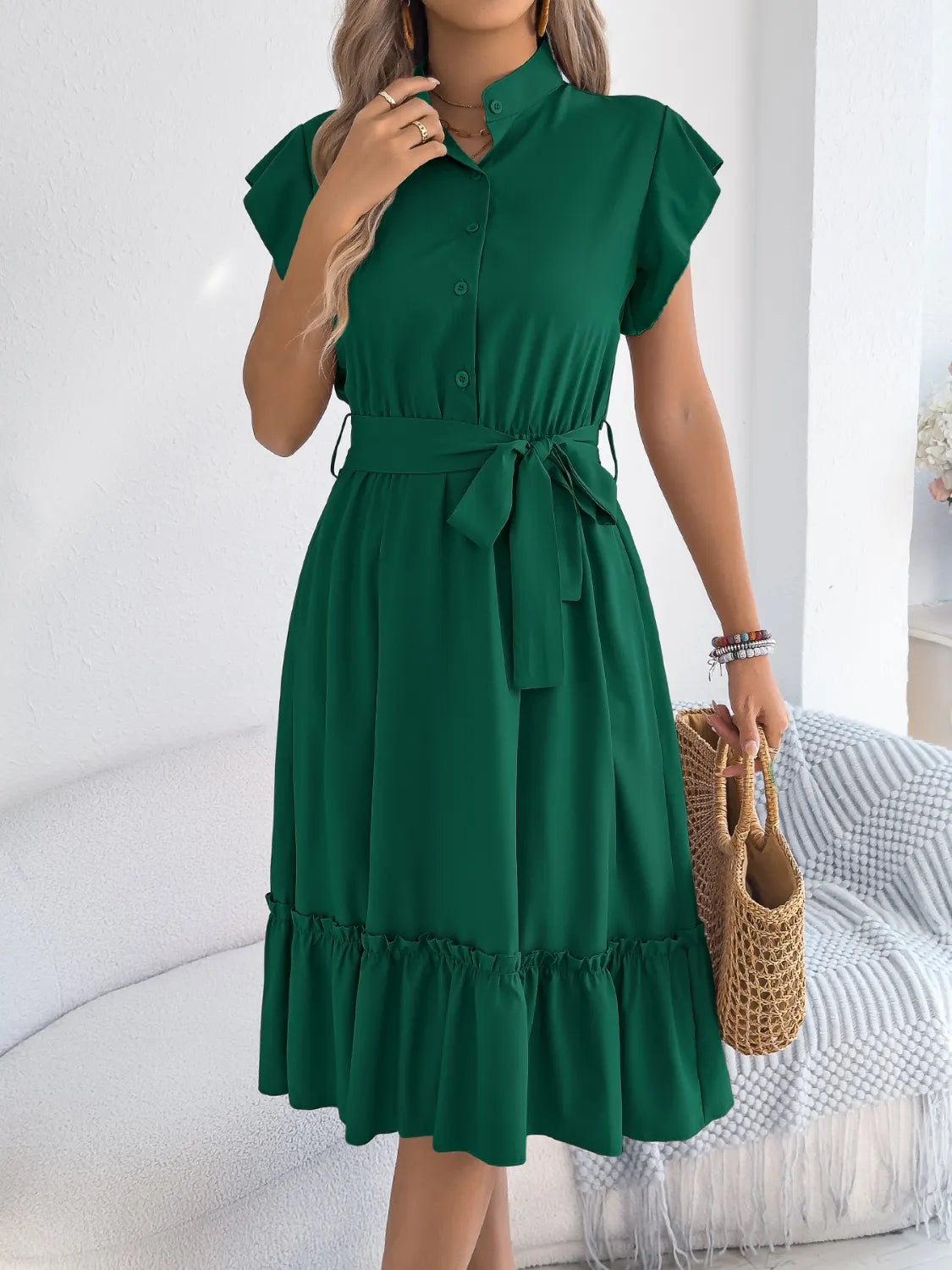 Tie Waist Ruffled Cap Sleeve Dress 