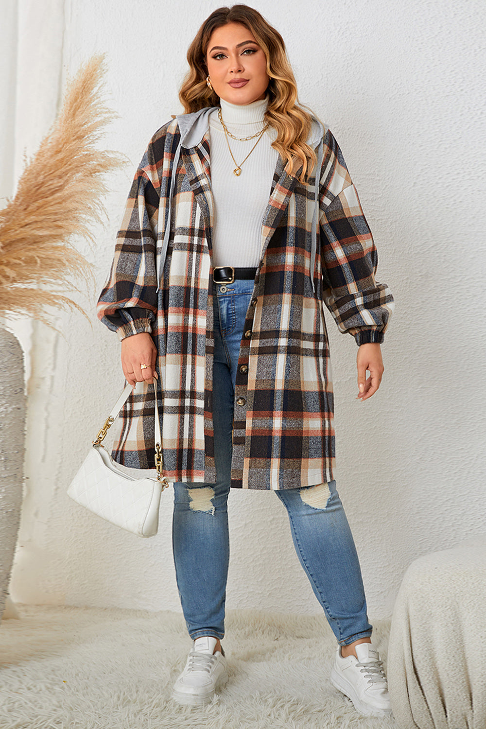 Honey Plus Size Plaid Drop Shoulder Hooded Coat 