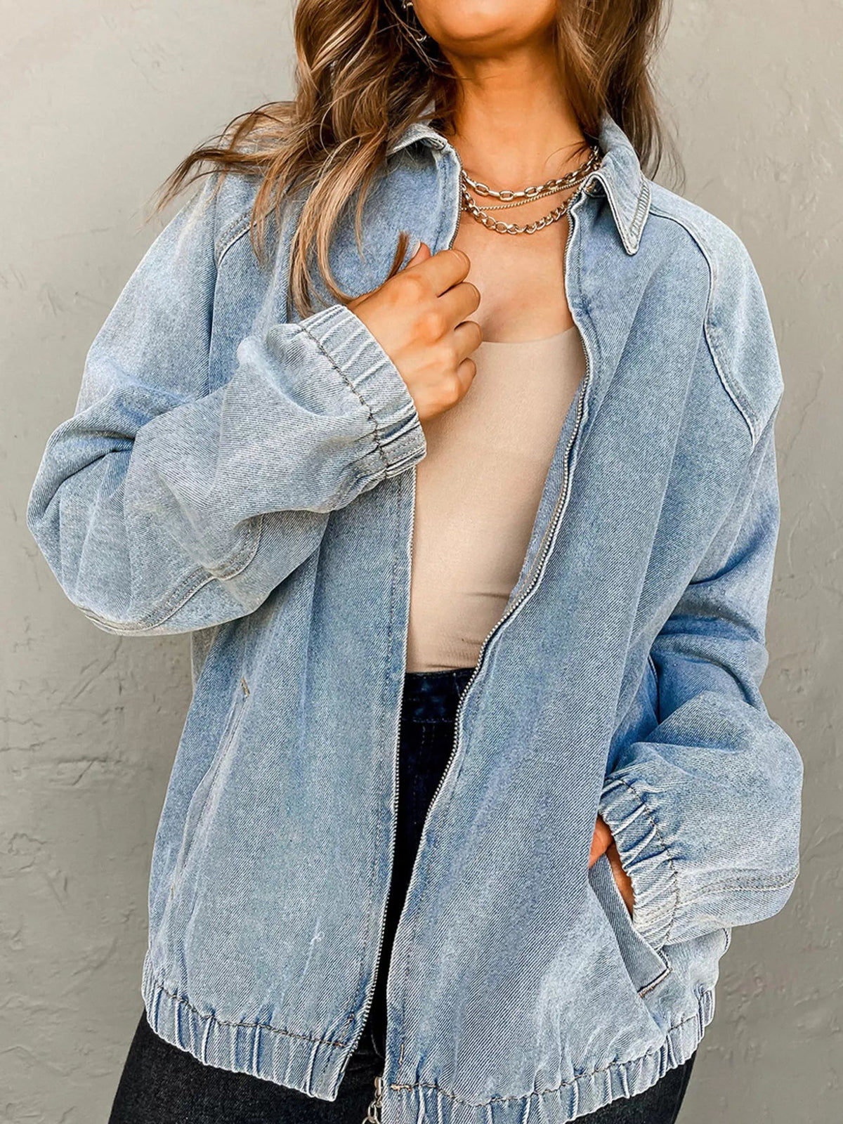 Elastic Edge Collared Zip Up Denim Jacket With Pocket 