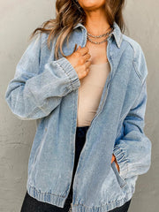 Elastic Edge Collared Zip Up Denim Jacket With Pocket 