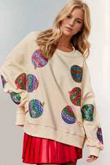 Double Take Christmas Element Sequin Round Neck Long Sleeve Sweatshirt 