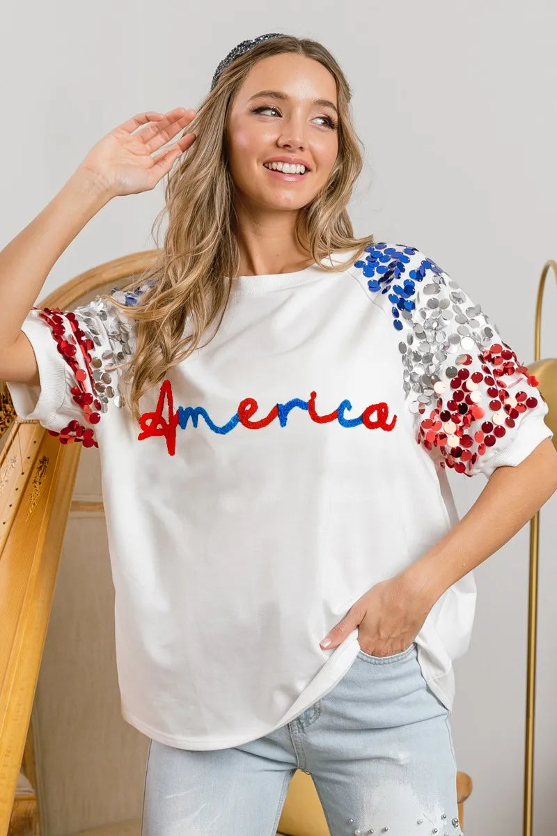 BiBi America Letter Applique Spangle Puff Sleeves Top 