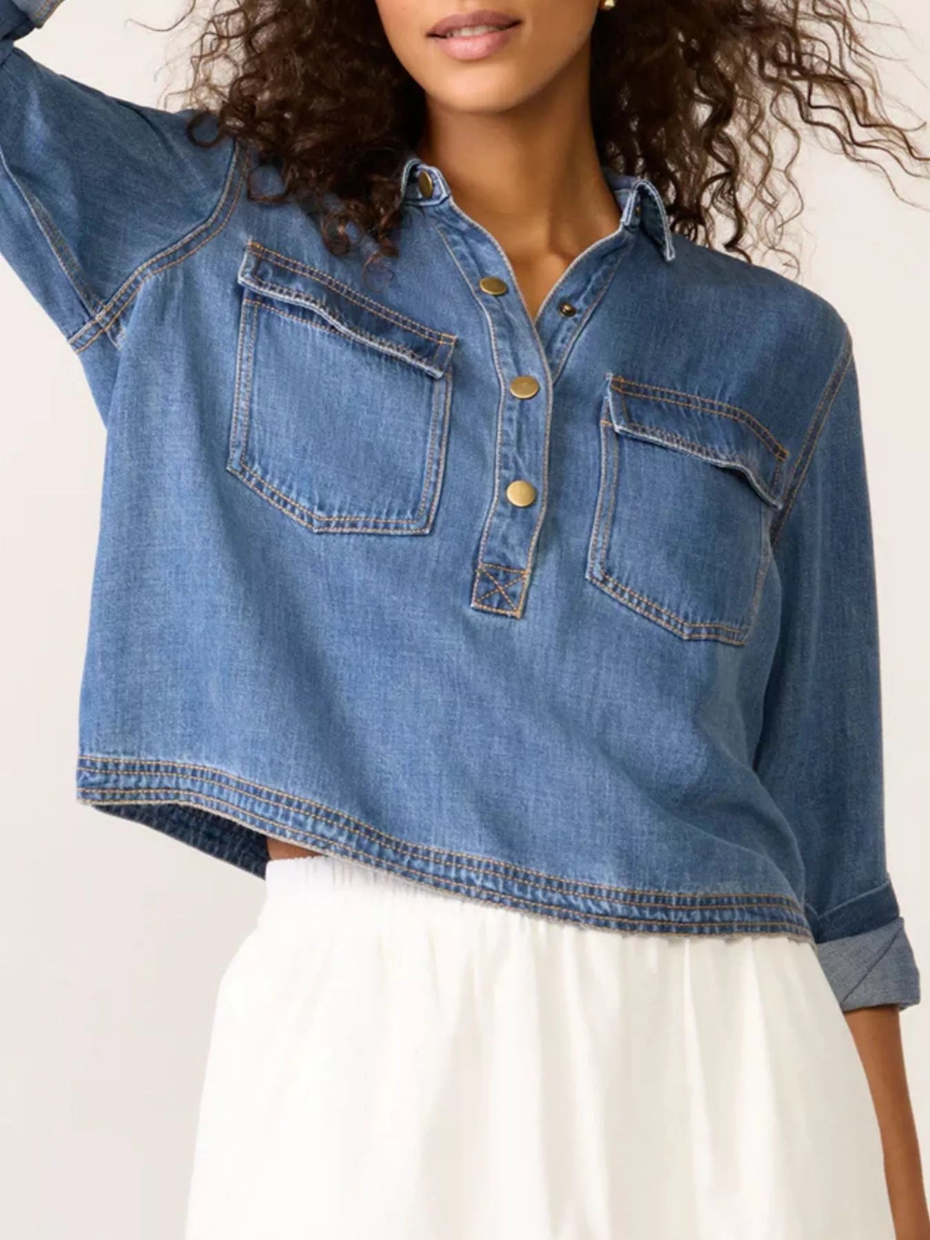 Half Snap Cropped Denim Top 