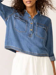 Half Snap Cropped Denim Top 