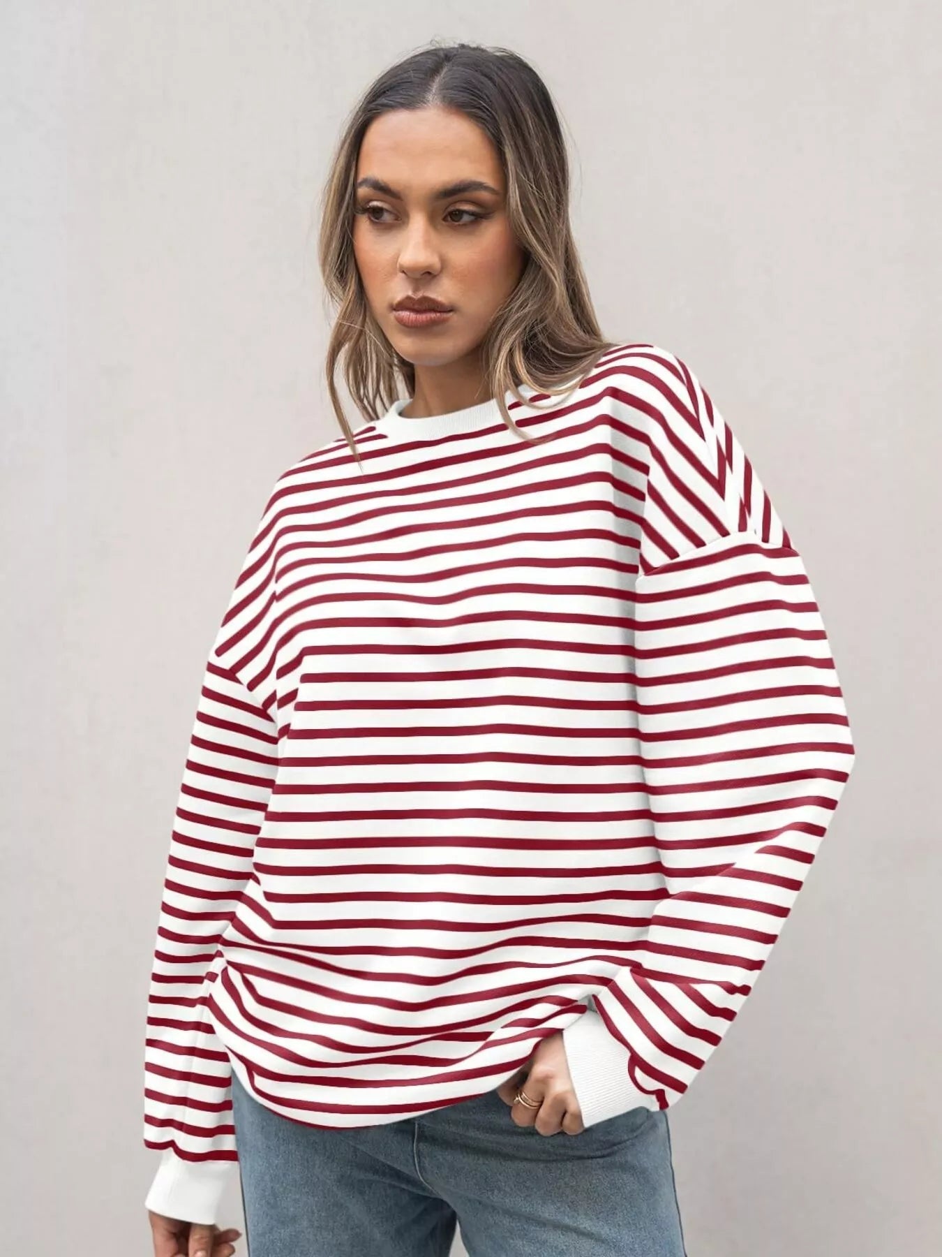 Striped Round Neck Oversized Casual Sweatshirt 