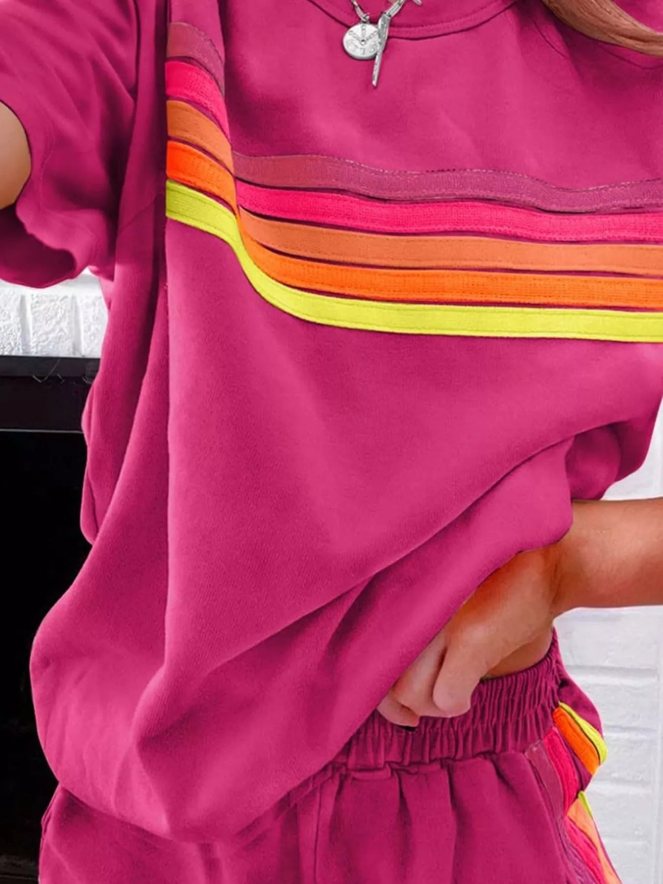 Rainbow Striped Round Neck Top and Shorts Set 