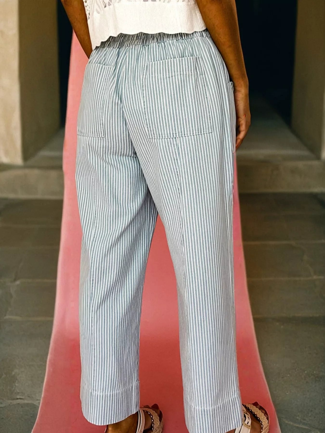 Stripe Mid Rise Drawstring Waist Jeans 
