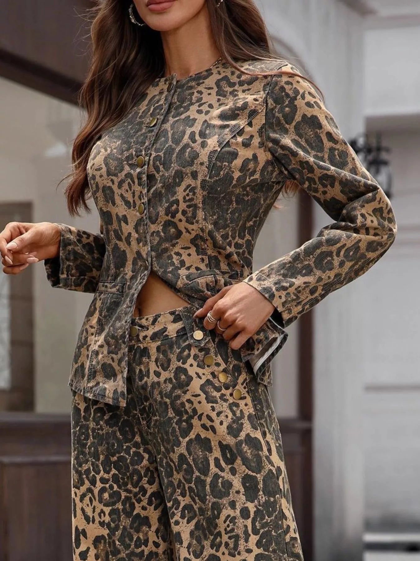 Leopard Button Up Long Sleeve Denim Shirt 
