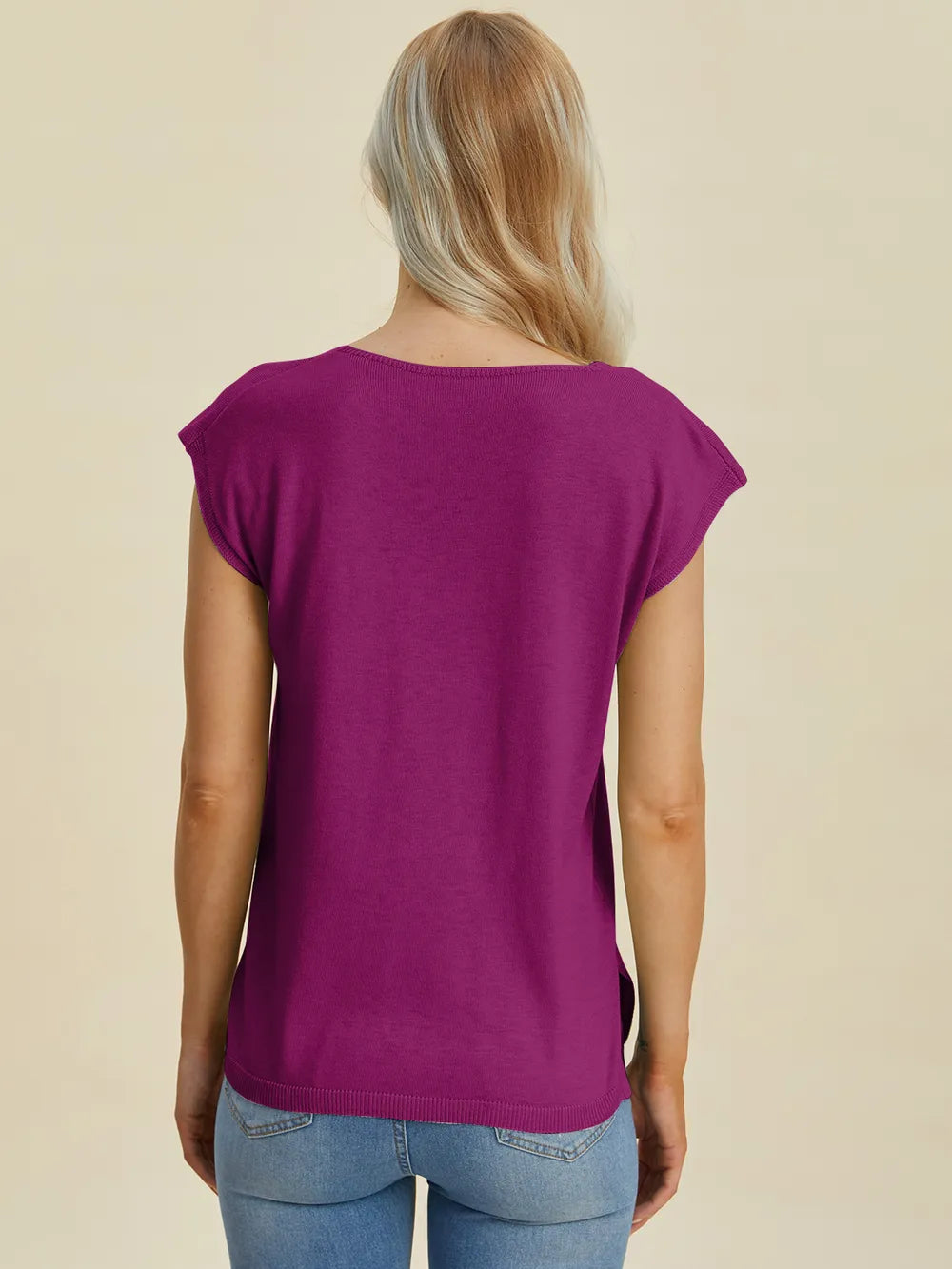 Double Take Full Size Notched Cap Sleeve Knit Top 