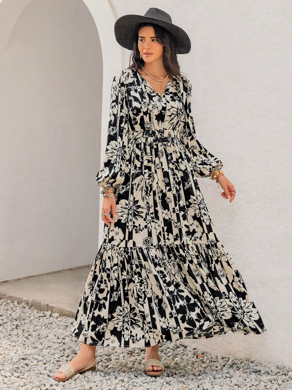 Plus Size Floral Print Balloon Sleeve Maxi Dress 