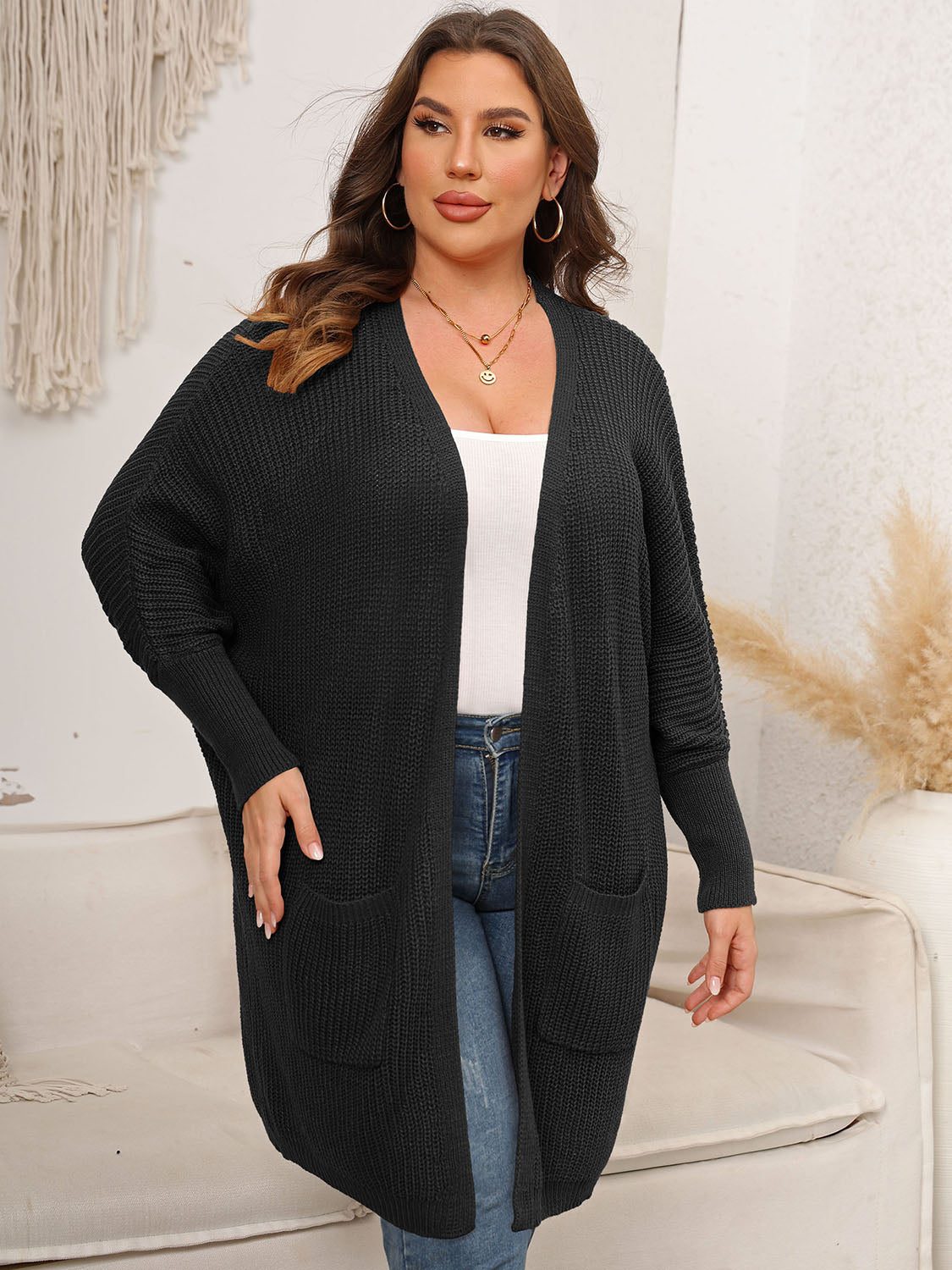 Plus Size Open Front Cardigan With Pockets 