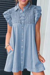 Smocked Collared Neck Cap Sleeve Denim Dress 