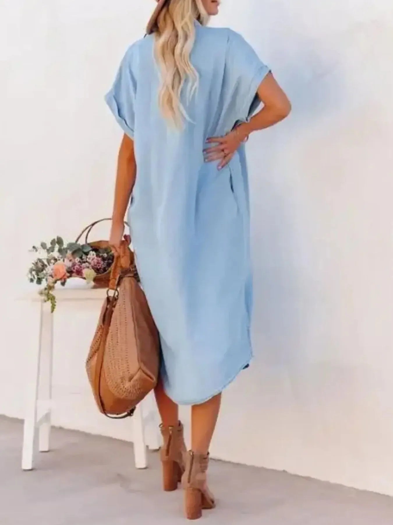 Button Down Denim Midi Shirt Dress 