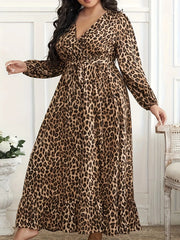 Plus Size Leopard Print Surplice Maxi Dress 
