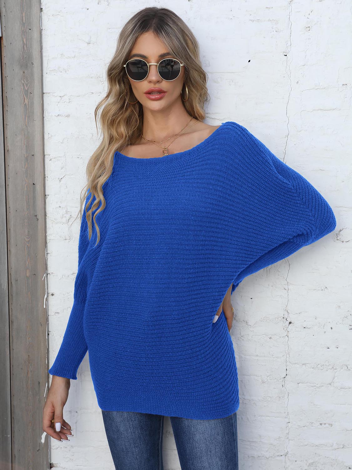 Full Size Horizontal Ribbing Dolman Sleeve Sweater 