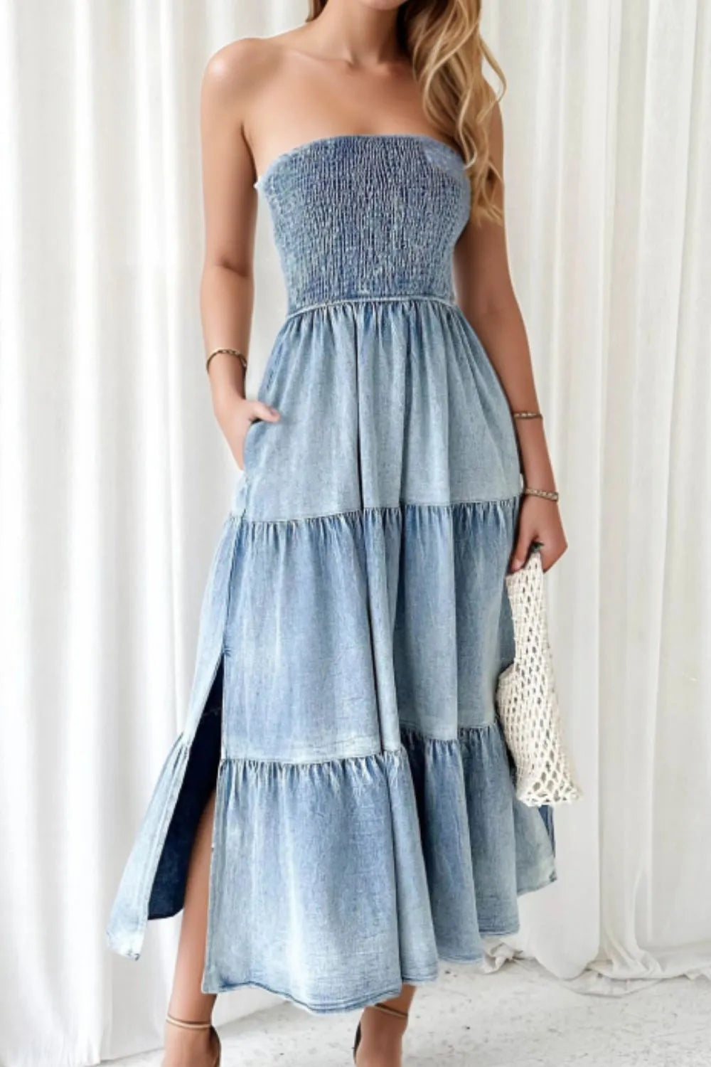 Smocked Tube Slit Tiered Denim Dress 